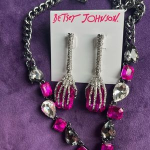 Betsey Johnson Necklace Earring Set Hand Jewels  Hot Pink NEW w TAGS!! Sparkle!